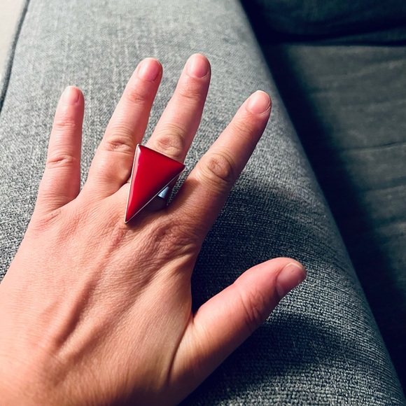 Oversized Estate Ring Triangle Shape Adjustable Sterling Ring Natural Coral - Picture 3 of 8